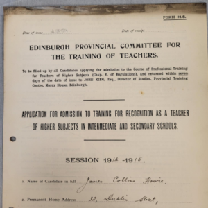 Photograph of discoloured paper form for the Edinburgh Provincial Committee for the Training of Teachers from 1915. The top border is nearly black with soot.