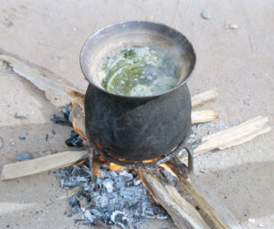 A metal pot containing boiling liquid and palm leaves over a fire