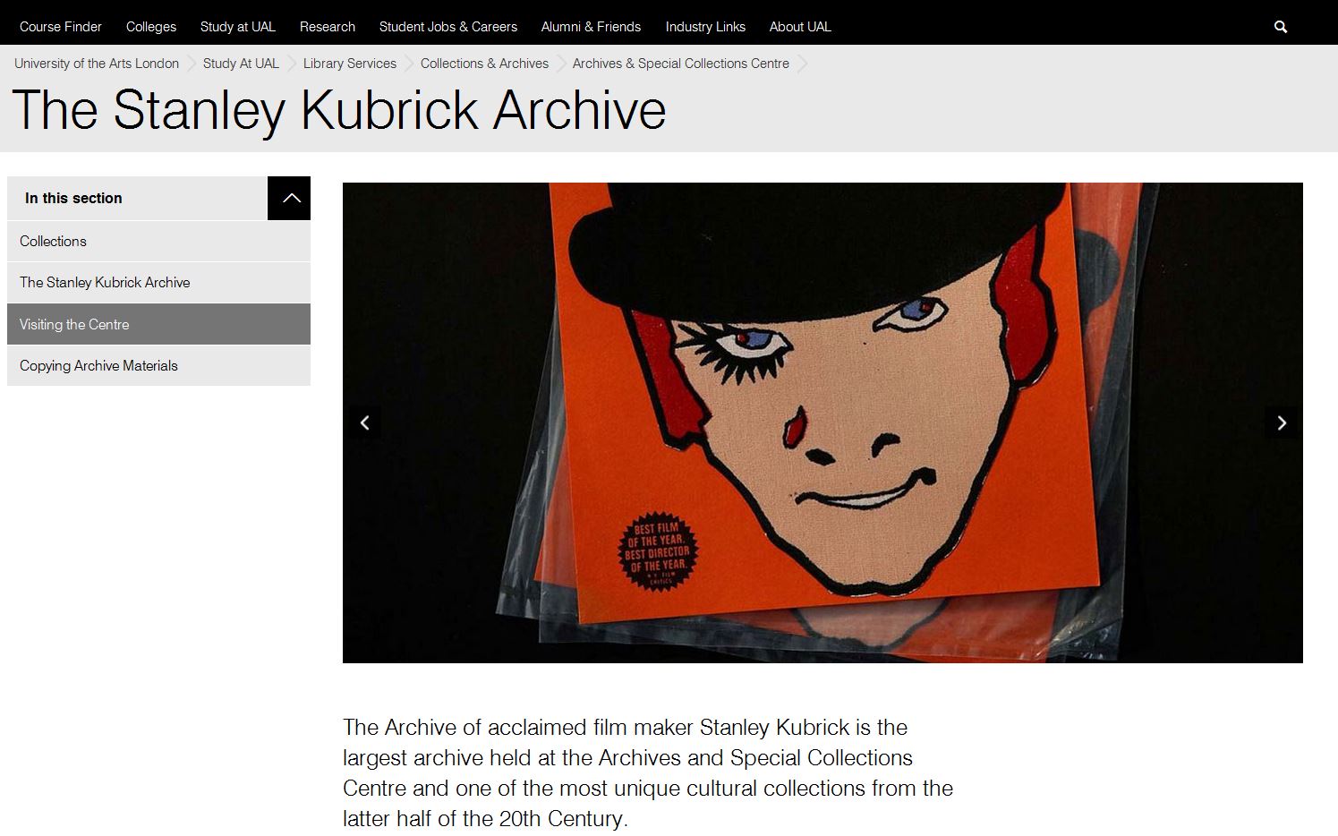 Image of Alex from A Clockwork Orange at Stanley Kubrick Archive (UAL)