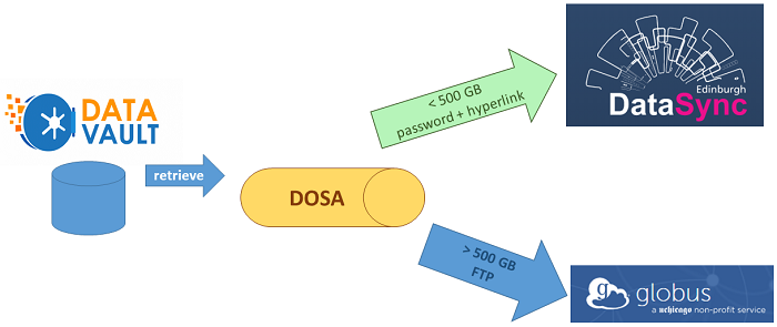 Workflow diagram showing data moving from DataVault into DOSA, and from DOSA out to DataSync or globus