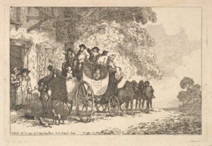 Engraving depicting a stagecoach with people in front of a building
