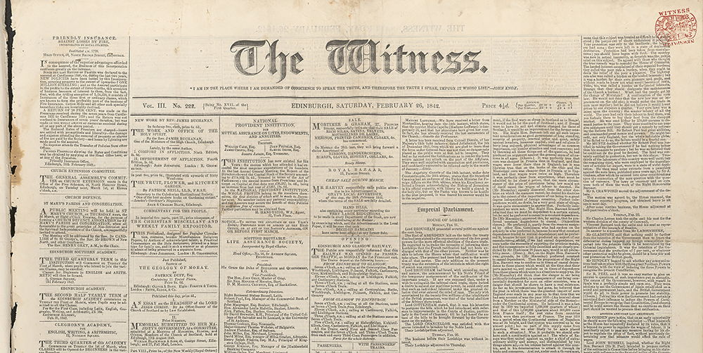 The top section of the front page of an issue of the newspaper "the witness", yellowed with age, the title is centre top and the rest of the image is filled with articles in very small writing.
