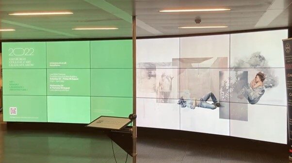 Digital wall showing advertisement for images from Edinburgh College of Art 2022 Graduate Show