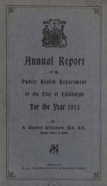 Image of front cover of 1913 Public Health Report. At top has coat of arms of the City of Edinburgh.