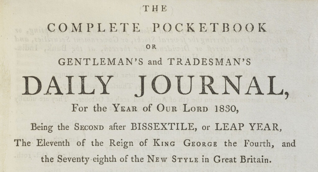 Title page of the "Complete Pocketbook or Gentleman's and Tradesman's daily journal for the year of our Lord 1830" 