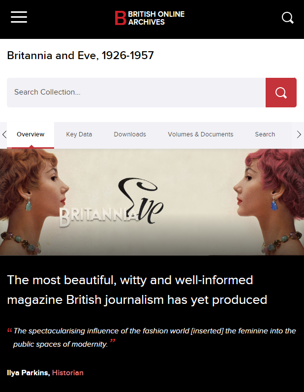 Screenshot of homepage from 'Britannia and Eve, 1926-1957'.