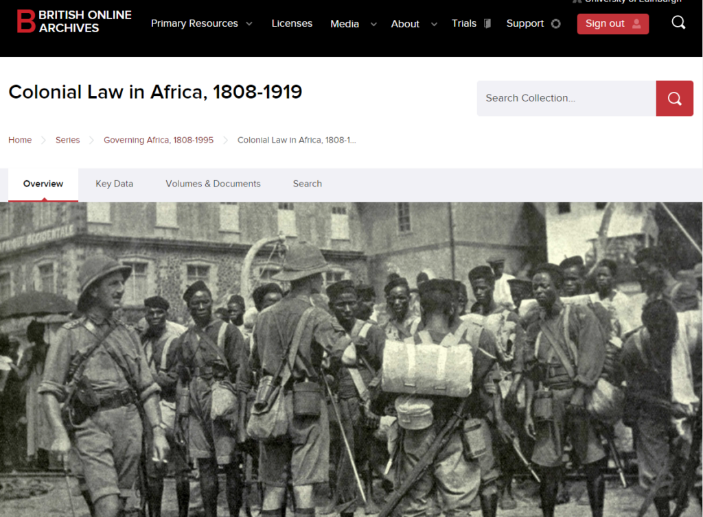Screenshot of homepage of Colonial Law in Africa, 1808-1919