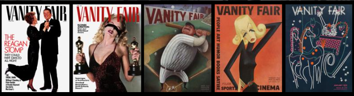 Shows 5 different covers from Vanity Fair magazine across several years.
