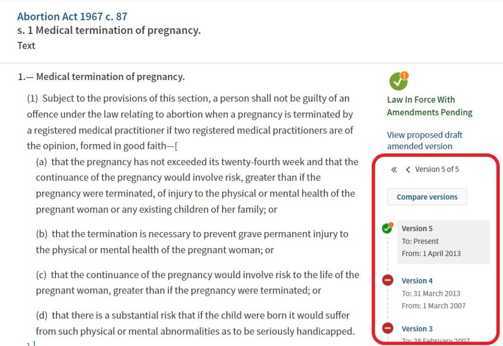 Snapshot of a page of legislation from Westlaw UK. A red box highlights the area towards the bottom right of the page, showing that this section is version five of five, and listing the timeline for previous versions and the dates each was in force.