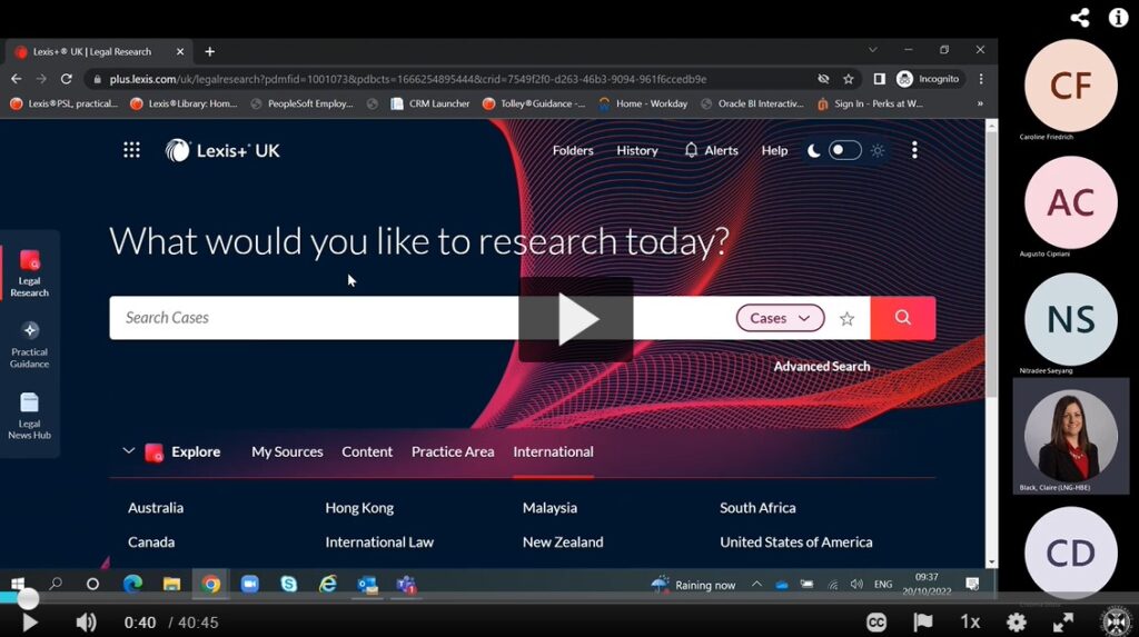 Screencap of the paused training video, showing a demonstration of the Lexis+ platform.  Image links to video recording hosted on Media Hopper.