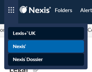 screengrab showing the nine dots arranged in a square which reveals a dropdown menu, with options for Lexis+ UK, Nexis, or Nexis Dossier. 