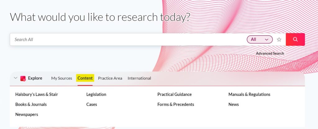 Screengrab of main panel when logged in to Lexis+. In the central pane there are a number of links across a navigational bar, and in this image the link to 'content' is highlighted in yellow. 