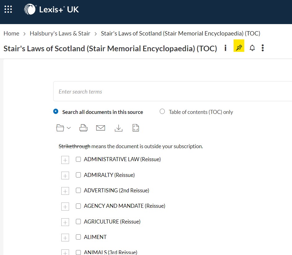 Screengrab of the contents page of the Stair ebook is shown. There is a pushpin icon in the top right of the image which has been highlighted in yellow.