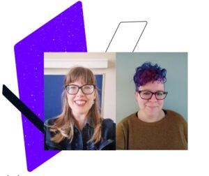 Photos of Anna and SarahLouise (L-R). The background is formed of a white space with black and blue geometric shapes behind the photos.