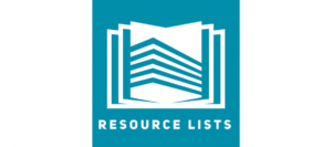 Resource Lists logo: a stylised graphic of a white book open to the centre pages shows on a teal background. Text underneath the book image reads 'Resource Lists'