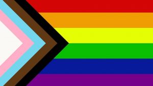 Progress Pride flag: A rainbow flag of six coloured bars run horizontally across the image (red, orange, yellow, green, blue, purple) and to the left of the image a chevron or right-pointing striped arrow made up of the colours white, pink, light blue, brown and black direct across the rainbow section.