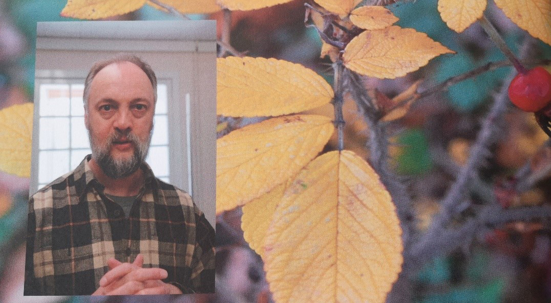 Self portrait of Iain inset on an image of autumn foliage