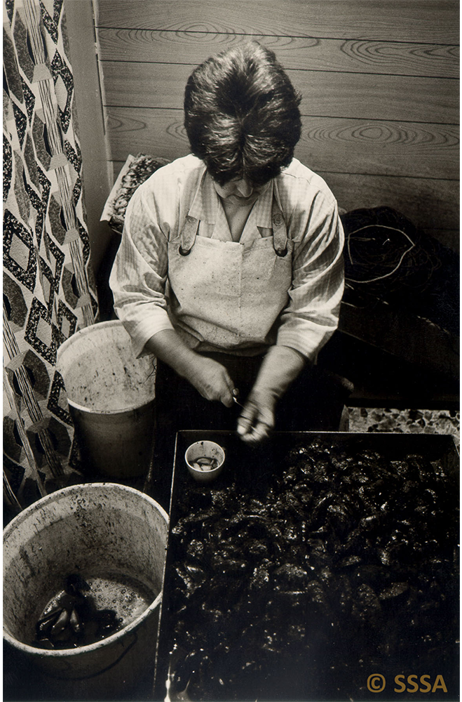 black and white image of a woman, head down, bust at work baiting lines