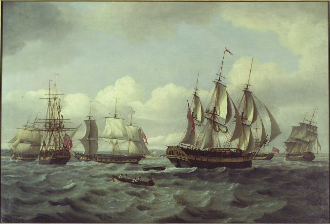 A painting called 'The Ship 'Castor' and Other Vessels in a Choppy Sea' by Thomas Luny. Dated 1802.
