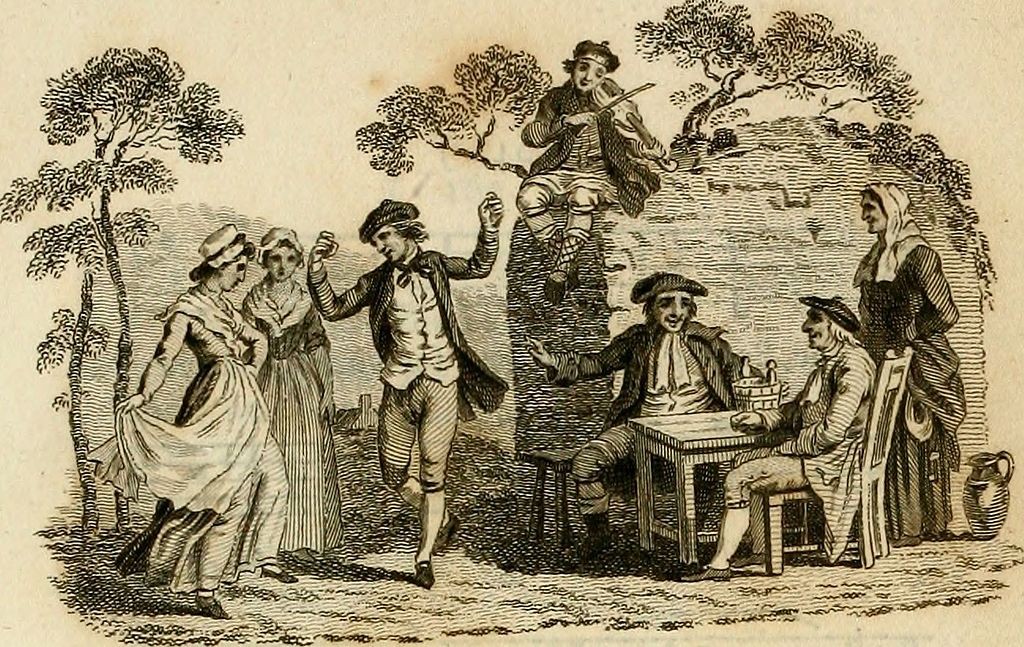 Image taken from the book 'Scottish Songs - in two volumes' (1794), showing people dancing and a man playing a violin.