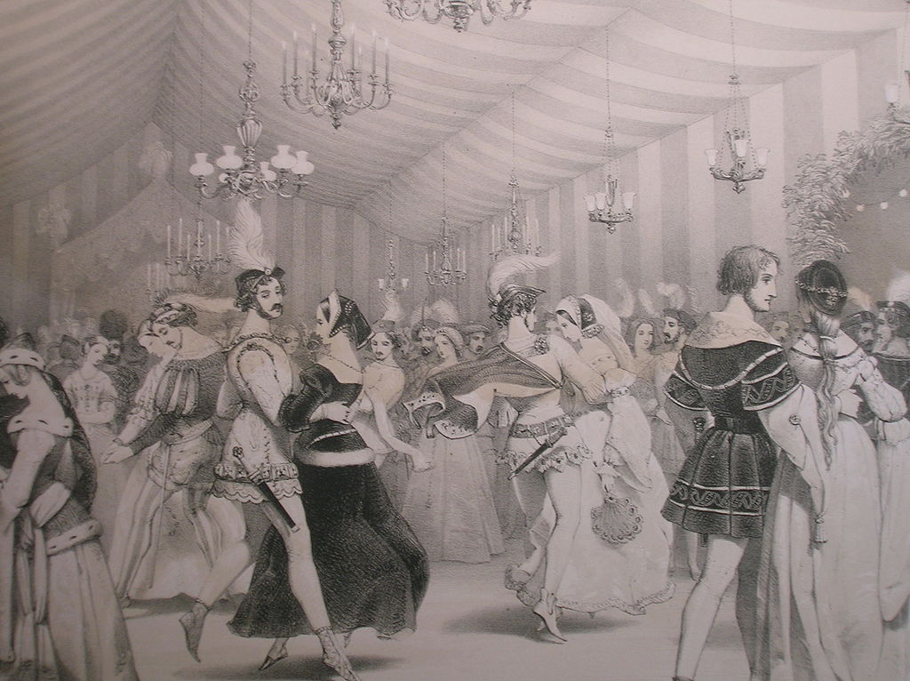 A print showing people dancing in the ballroom at Eglinton Castle, North Ayrshire, Scotland. 1840. 