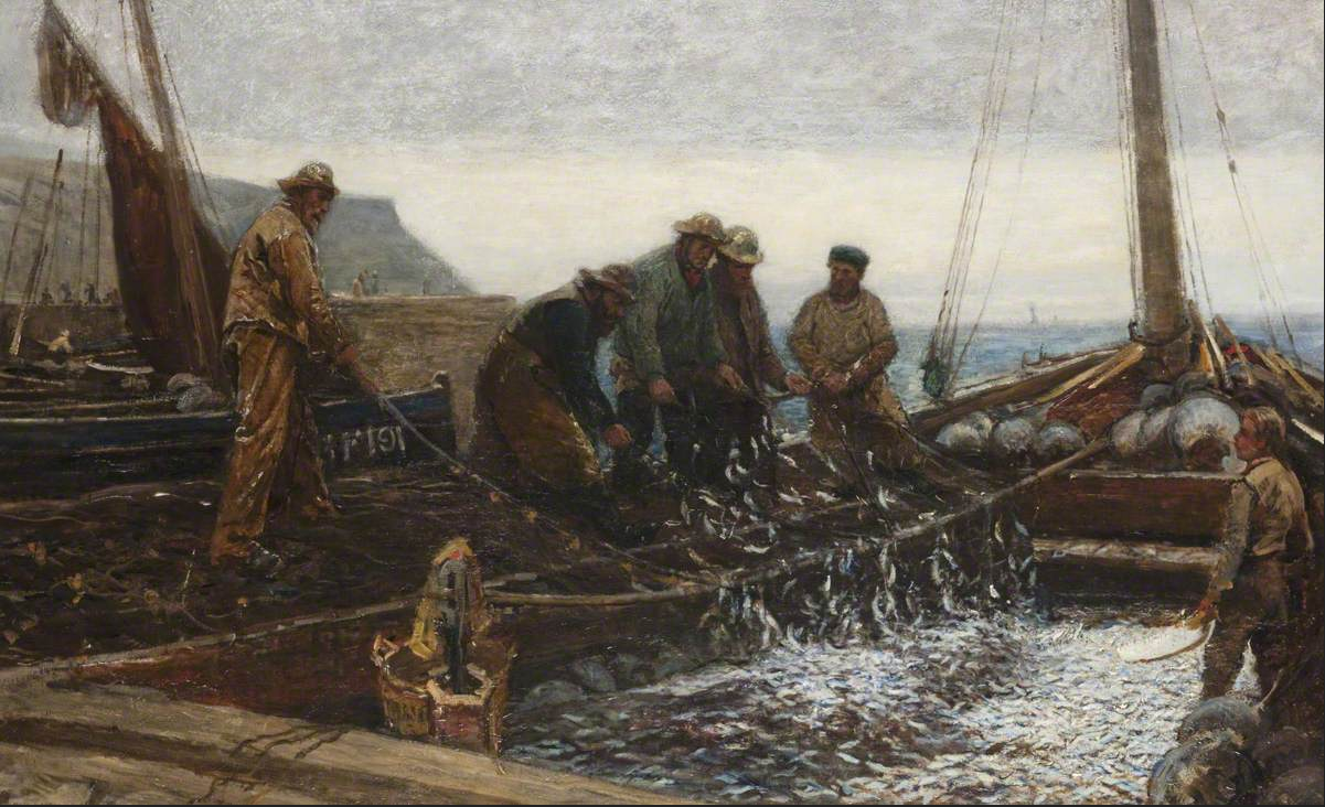 painting of fishermen with their haul of fish