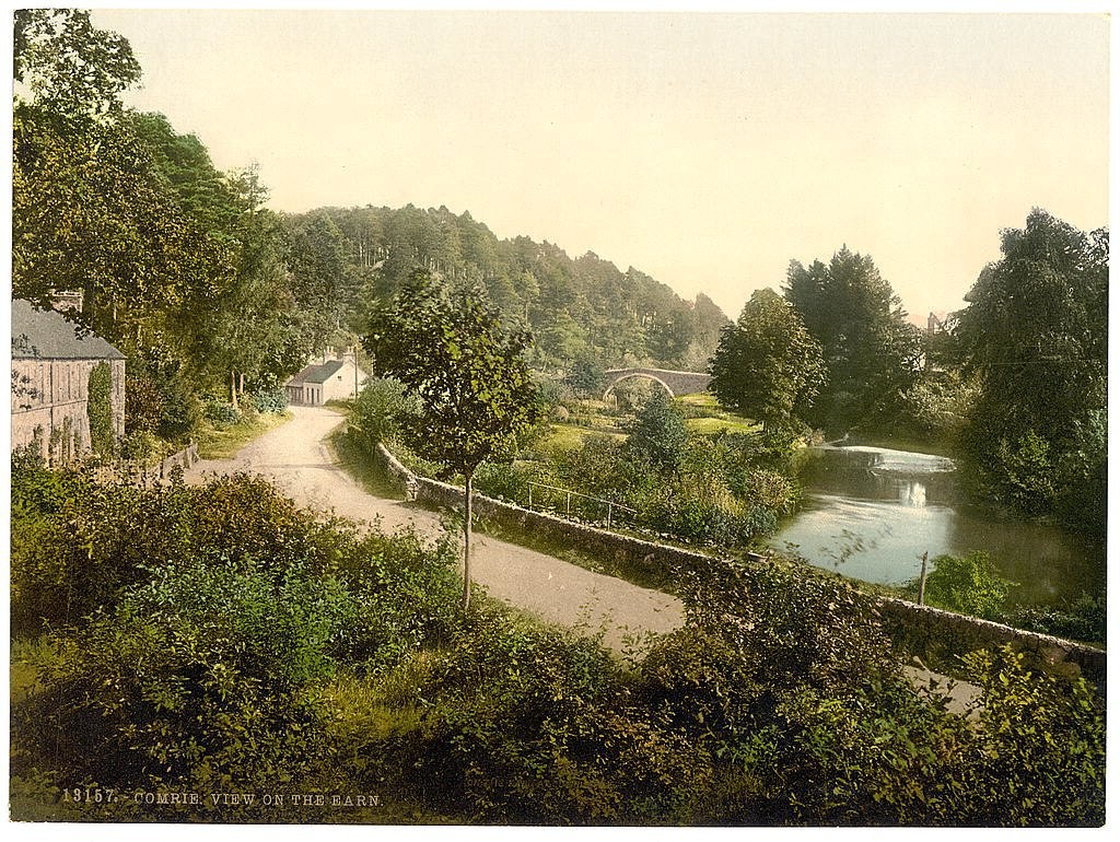 A postcard of a view on the Earn, Comrie, Scotland. Taken between ca. 1890 and ca. 1900. 