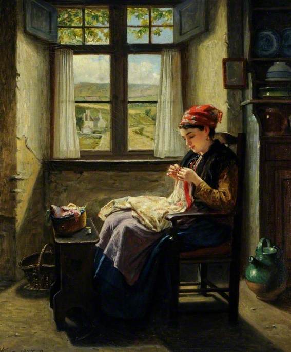 Painting by Haynes King of a girl at a window sewing. 