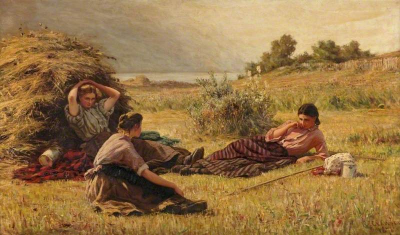 Painting called Midday Rest by Robert Cree Crawford, 1878, depicting three women taking a break while working in the field.