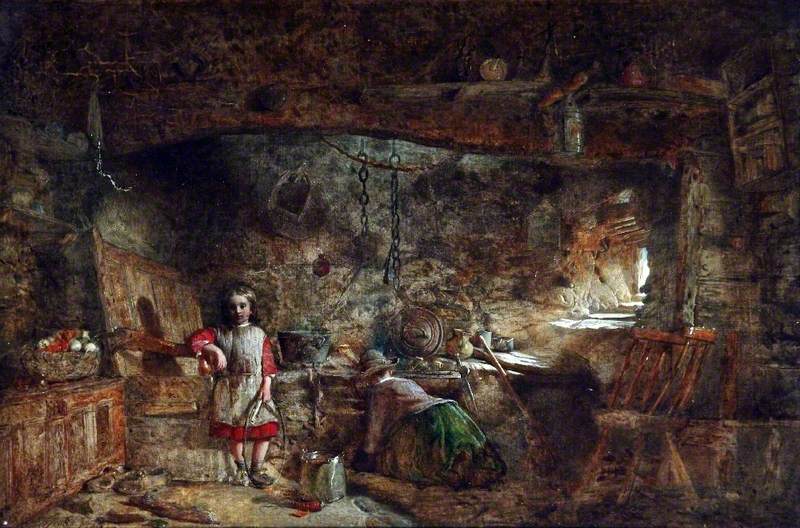 A painting called 'A Cottage Interior' by Alfred A. Provis, dated 1869.