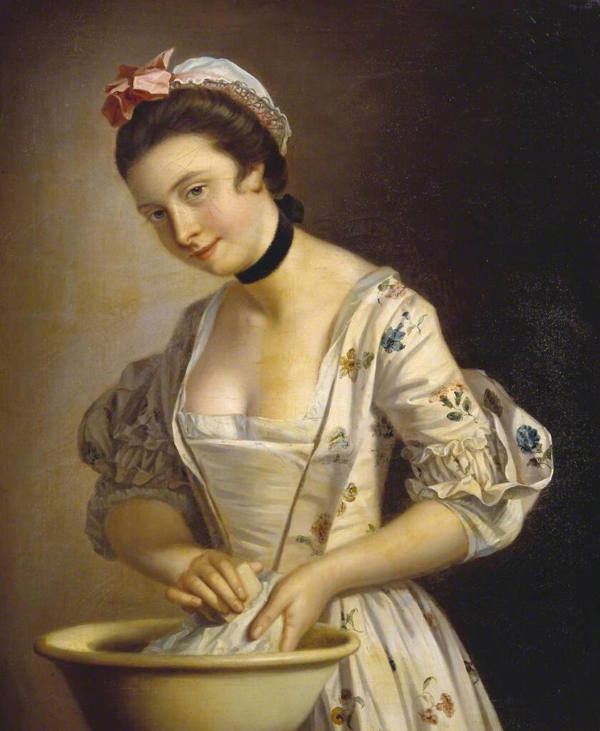 A painting called 'A Lady's Maid Soaping Linen', c.1765-82, by Henry Robert Morland. 