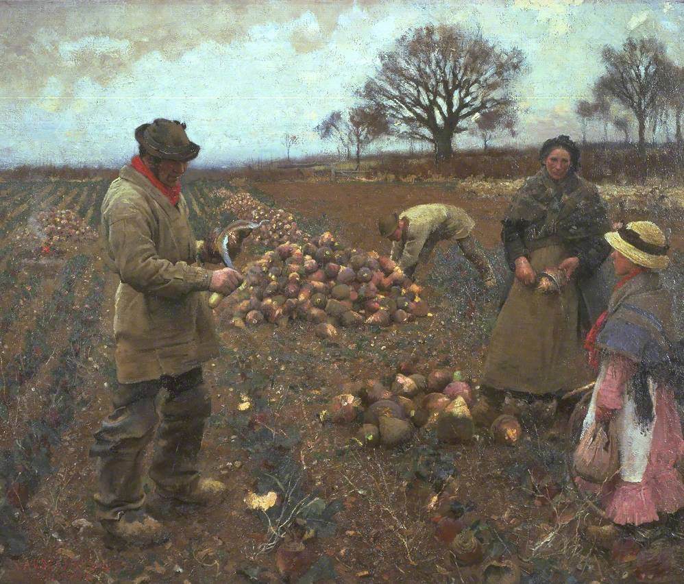 Painting showing two men, a woman and girl working in a field harvesting turnips.