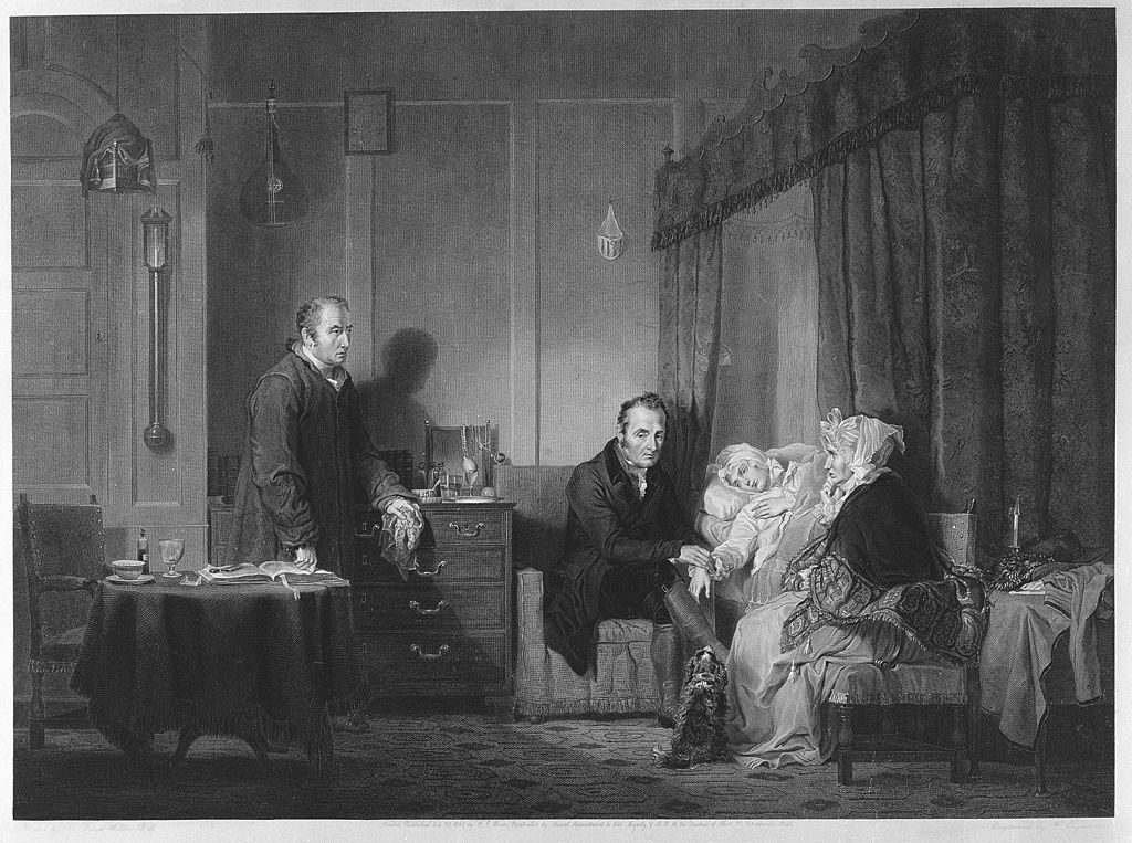 Engraving by F. Engleheart, 1838, after Sir D. Wilkie, called 'A bedridden sick young woman being examined by a doctor'
