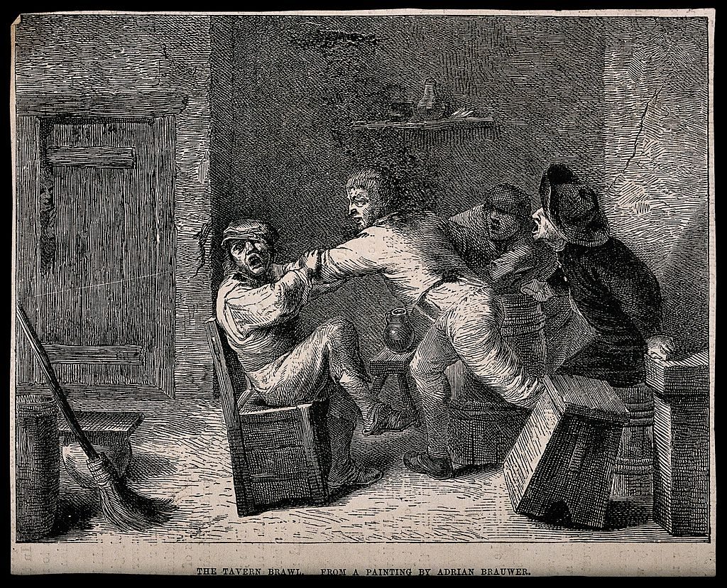 A 19th century wood engraving called 'A drunken brawl in a tavern with men shouting encouragement'