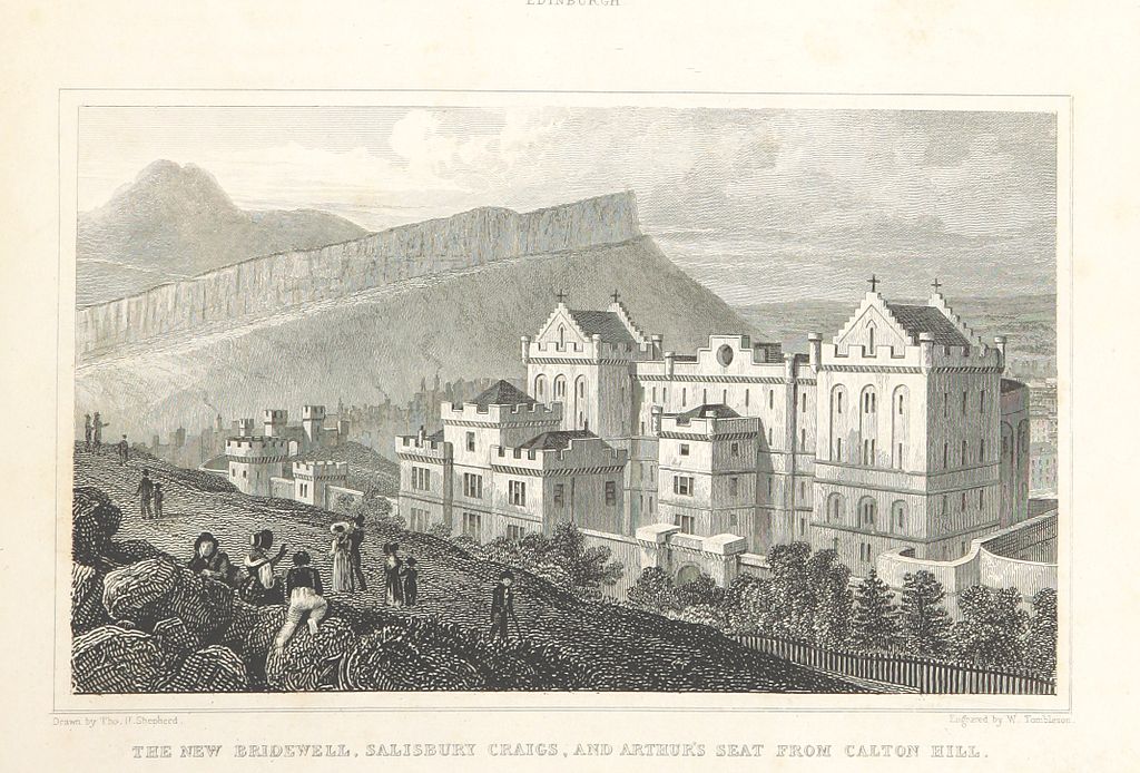 An image of the new Bridewell, Salisbury Crags, and Arthur's Seat from Calton Hill, Edinburgh by Thomas H. Shepherd, dated 1829