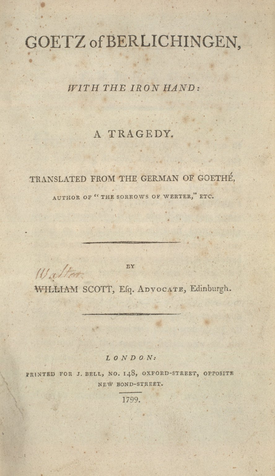 Title page of Walter Scott's translation of Goethe's drama Goetz
