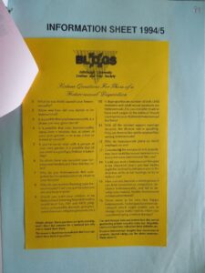 A yellow information sheet showing some information about the BLOG society in 1984/5