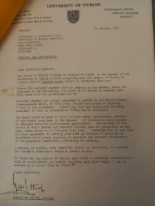 A letter granting Auerbach an Honorary Degree from Trinity College Dublin in 1977