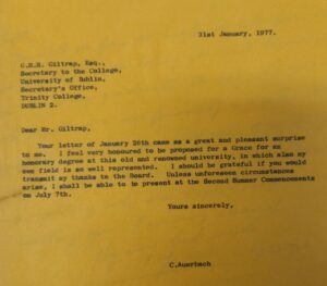 A letter granting Auerbach an Honorary Degree from Trinity College Dublin in 1977