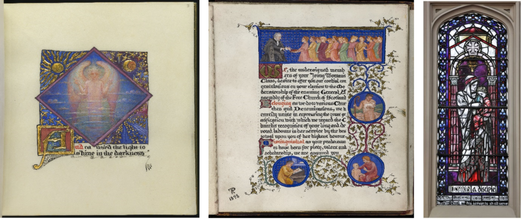 Two manuscript pages and a stained glass window 